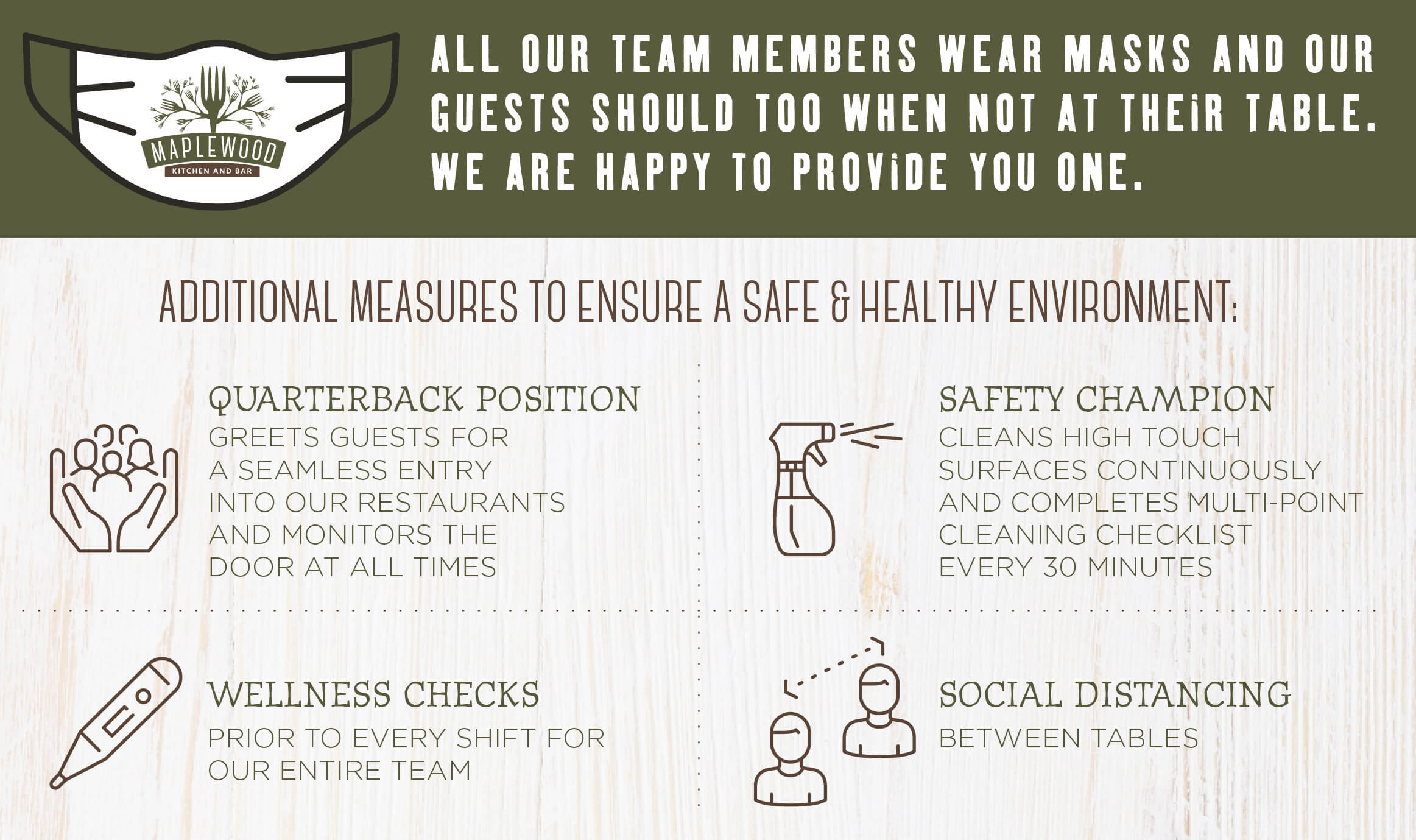 All guests and team members should wear masks when not at their table.