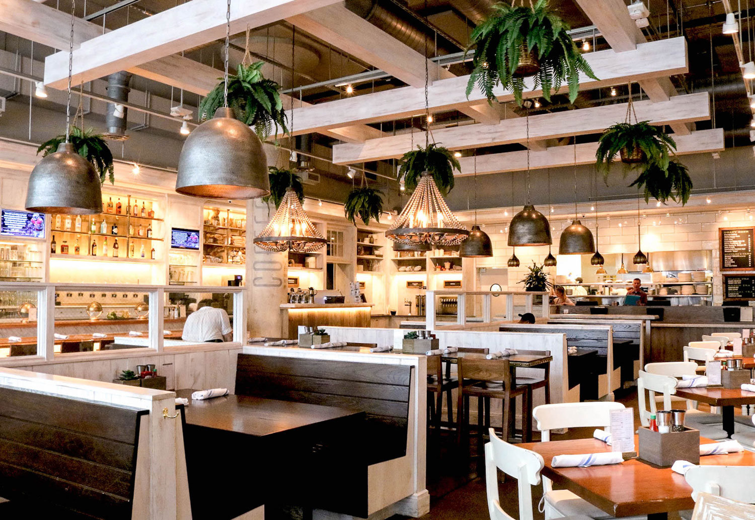 Restaurant interior with tables, booths, plants, and overhead lighting